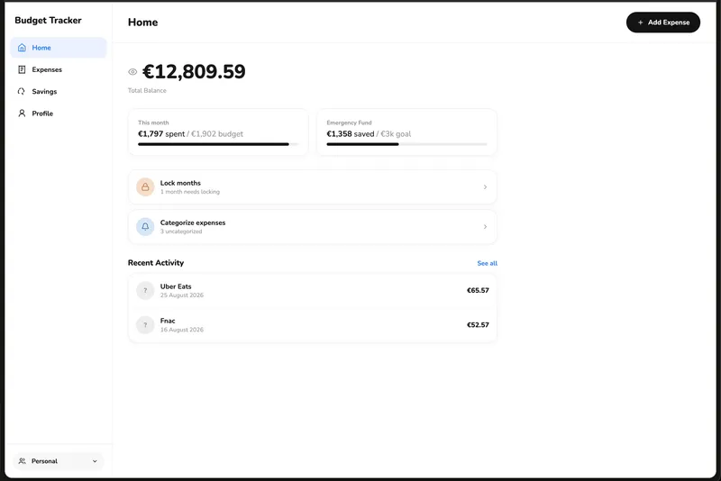 Otterbond home dashboard on the web, showing total balance, this month's spending, and an emergency fund goal