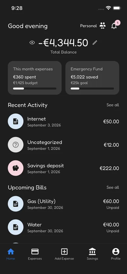 Otterbond home screen on mobile in dark mode, showing recent activity and quick actions
